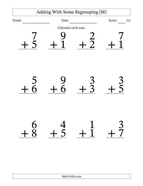 The 12 Single-Digit Addition Questions With Some Regrouping (M) Math Worksheet