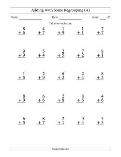 25 Single-Digit Addition Questions With Some Regrouping