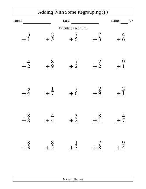 The 25 Single-Digit Addition Questions With Some Regrouping (P) Math Worksheet
