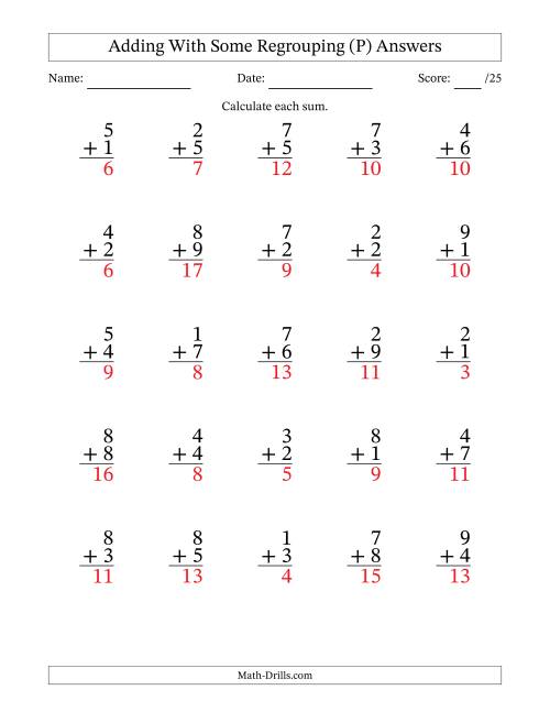The 25 Single-Digit Addition Questions With Some Regrouping (P) Math Worksheet Page 2