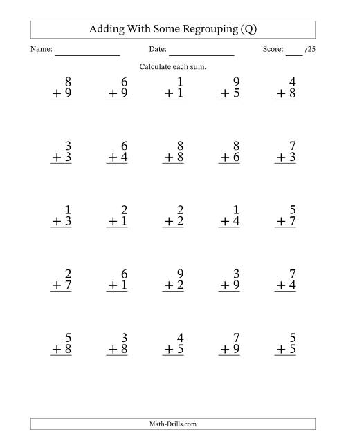 The 25 Single-Digit Addition Questions With Some Regrouping (Q) Math Worksheet