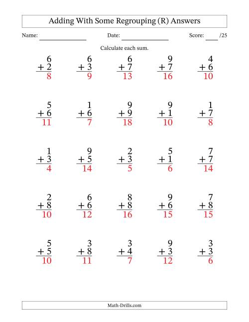The 25 Single-Digit Addition Questions With Some Regrouping (R) Math Worksheet Page 2