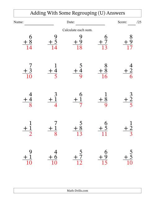 The 25 Single-Digit Addition Questions With Some Regrouping (U) Math Worksheet Page 2