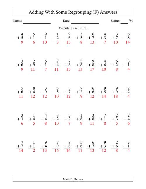 The 50 Single-Digit Addition Questions With Some Regrouping (F) Math Worksheet Page 2