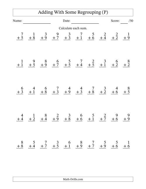 The 50 Single-Digit Addition Questions With Some Regrouping (P) Math Worksheet