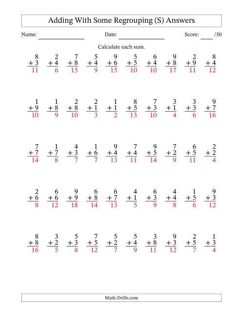 The 50 Single-Digit Addition Questions With Some Regrouping (S) Math Worksheet Page 2