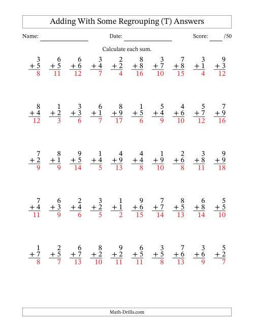 The 50 Single-Digit Addition Questions With Some Regrouping (T) Math Worksheet Page 2
