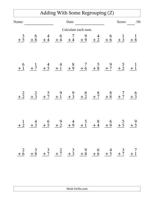 The 50 Single-Digit Addition Questions With Some Regrouping (Z) Math Worksheet