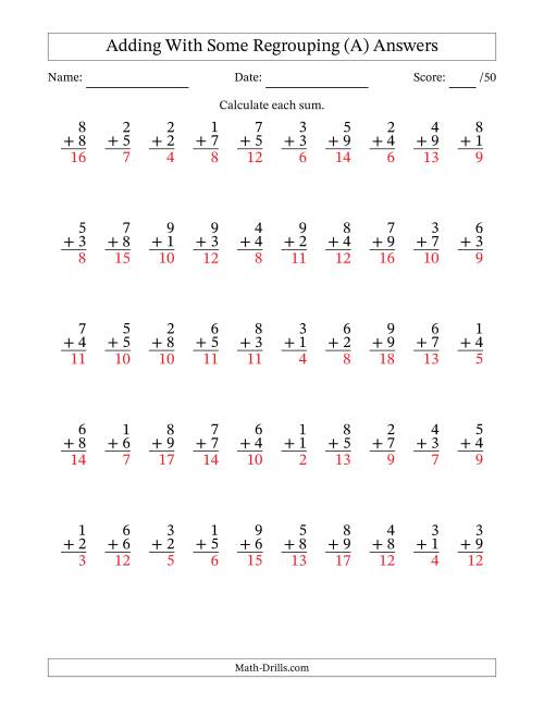The 50 Single-Digit Addition Questions With Some Regrouping (All) Math Worksheet Page 2