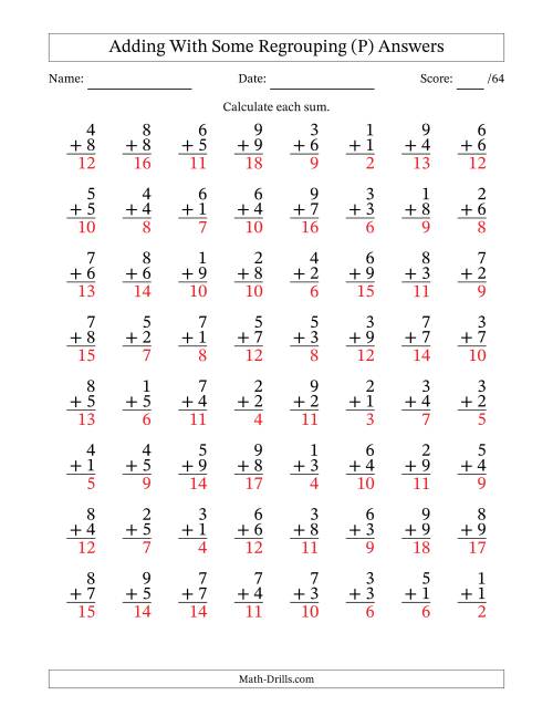 The 64 Single-Digit Addition Questions With Some Regrouping (P) Math Worksheet Page 2