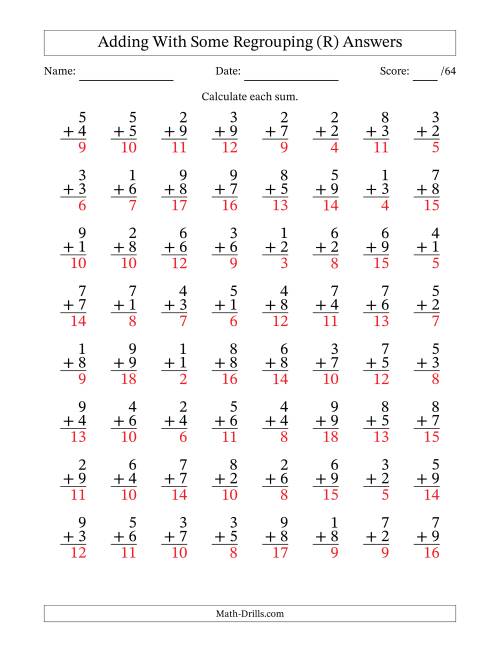 The 64 Single-Digit Addition Questions With Some Regrouping (R) Math Worksheet Page 2