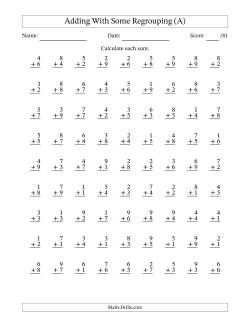 81 Single-Digit Addition Questions With Some Regrouping