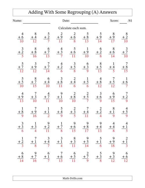 The 81 Single-Digit Addition Questions With Some Regrouping (A) Math Worksheet Page 2