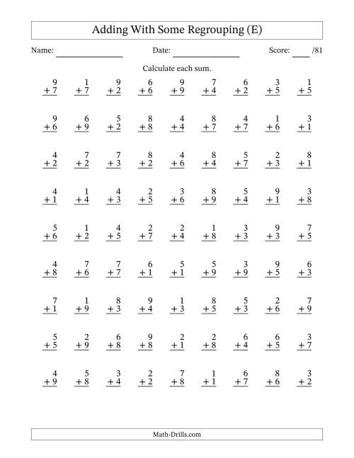 The 81 Single-Digit Addition Questions With Some Regrouping (E) Math Worksheet