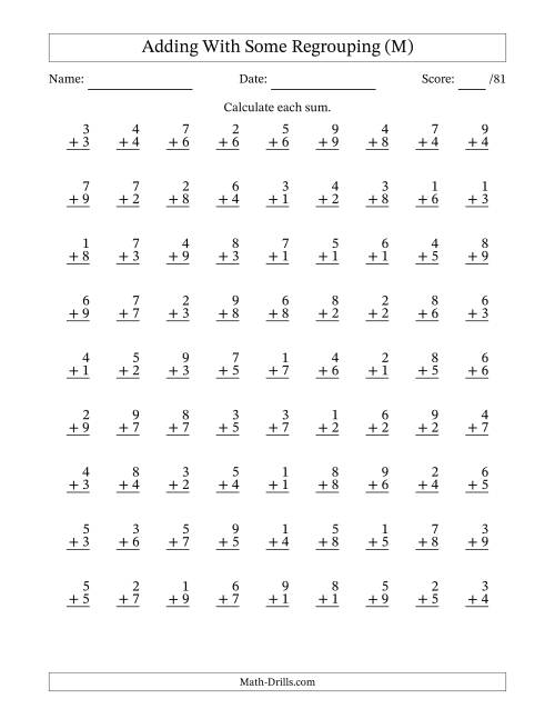 The 81 Single-Digit Addition Questions With Some Regrouping (M) Math Worksheet