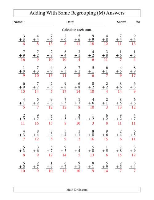The 81 Single-Digit Addition Questions With Some Regrouping (M) Math Worksheet Page 2