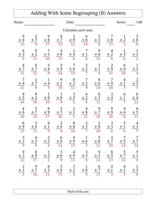 The 100 Single-Digit Addition Questions With Some Regrouping (B) Math Worksheet Page 2