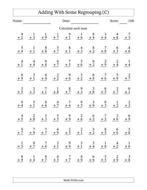 The 100 Single-Digit Addition Questions With Some Regrouping (C) Math Worksheet