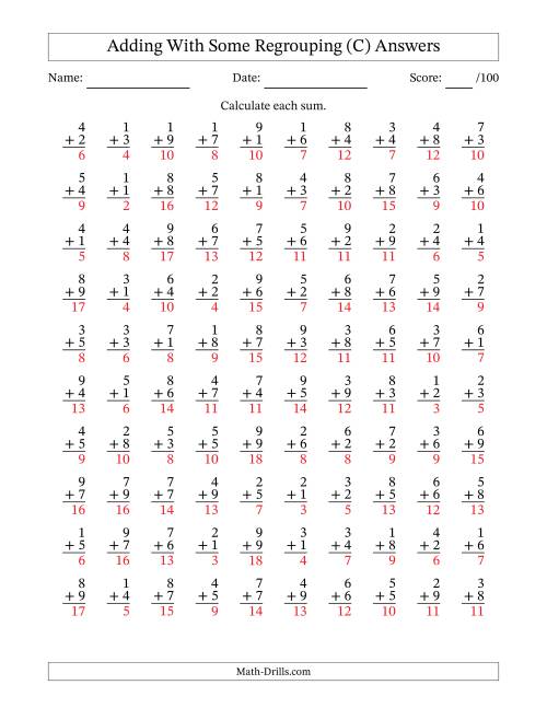 The 100 Single-Digit Addition Questions With Some Regrouping (C) Math Worksheet Page 2
