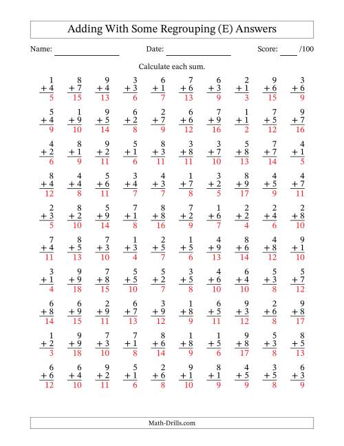 The 100 Single-Digit Addition Questions With Some Regrouping (E) Math Worksheet Page 2