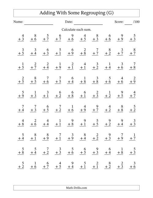 The 100 Single-Digit Addition Questions With Some Regrouping (G) Math Worksheet