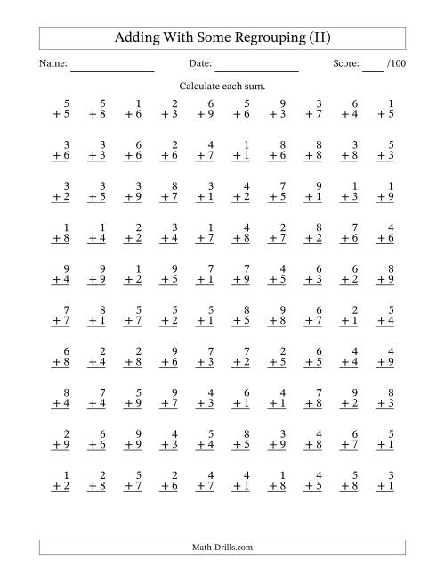 The 100 Single-Digit Addition Questions With Some Regrouping (H) Math Worksheet