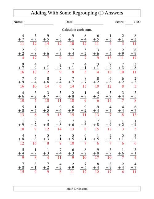 The 100 Single-Digit Addition Questions With Some Regrouping (I) Math Worksheet Page 2