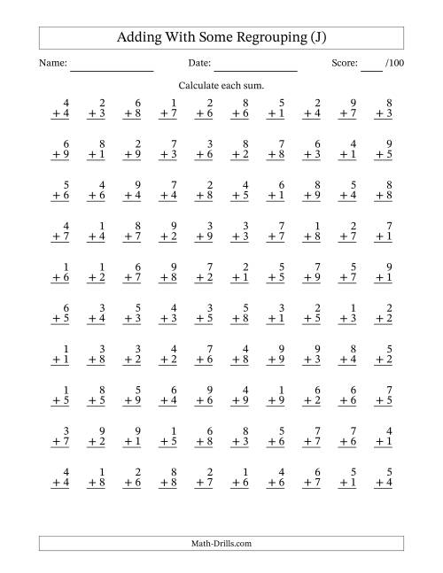 The 100 Single-Digit Addition Questions With Some Regrouping (J) Math Worksheet