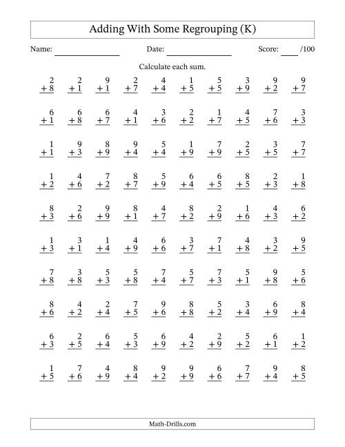 The 100 Single-Digit Addition Questions With Some Regrouping (K) Math Worksheet