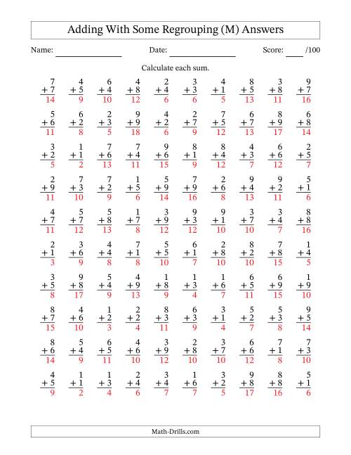 The 100 Single-Digit Addition Questions With Some Regrouping (M) Math Worksheet Page 2