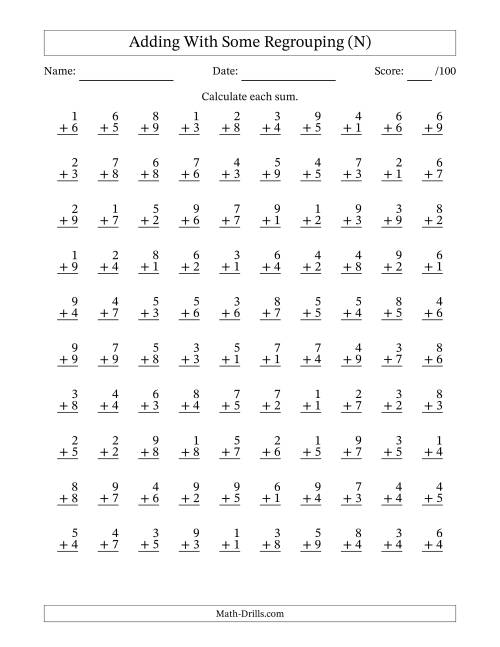 The 100 Single-Digit Addition Questions With Some Regrouping (N) Math Worksheet
