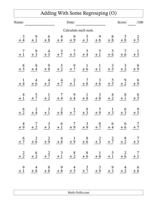 The 100 Single-Digit Addition Questions With Some Regrouping (O) Math Worksheet