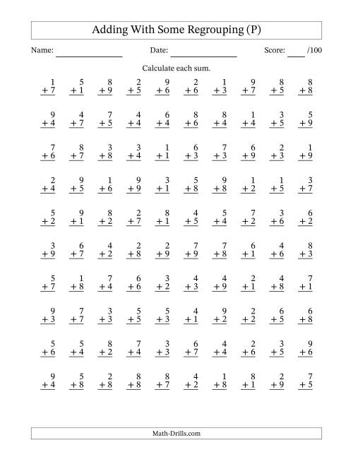 The 100 Single-Digit Addition Questions With Some Regrouping (P) Math Worksheet