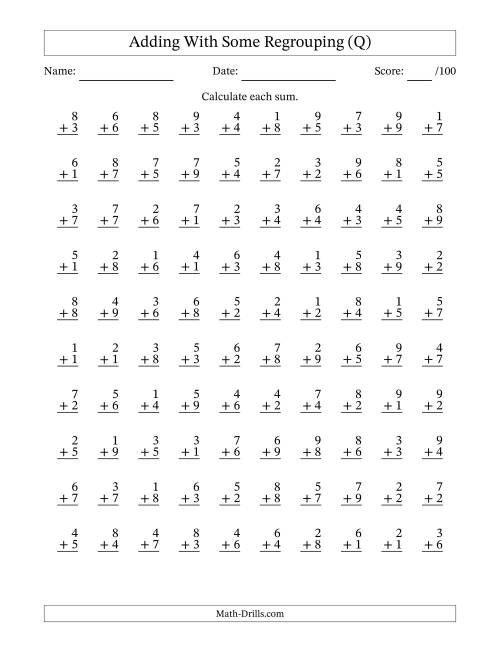 The 100 Single-Digit Addition Questions With Some Regrouping (Q) Math Worksheet