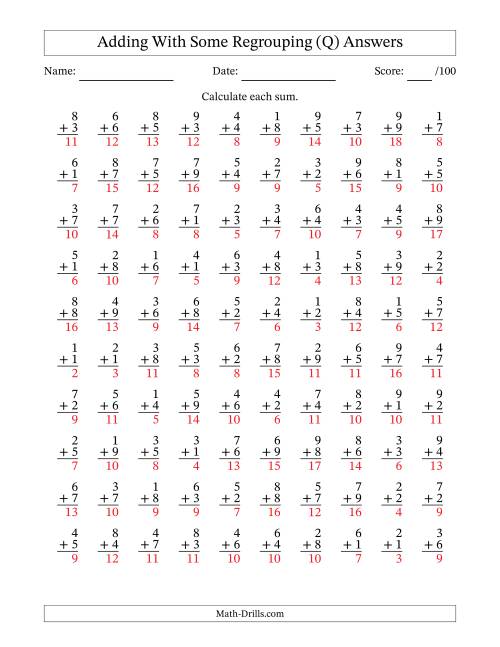 100 Single-Digit Addition Questions with Some Regrouping (Q)