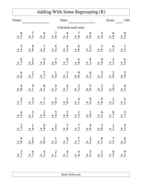 The 100 Single-Digit Addition Questions With Some Regrouping (R) Math Worksheet