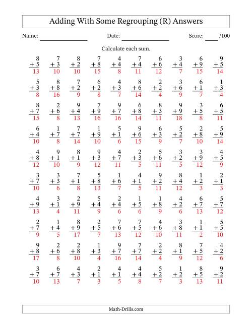 The 100 Single-Digit Addition Questions With Some Regrouping (R) Math Worksheet Page 2