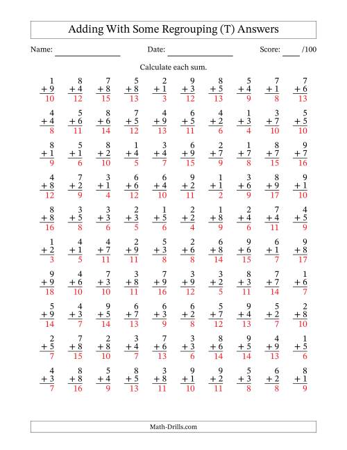 The 100 Single-Digit Addition Questions With Some Regrouping (T) Math Worksheet Page 2