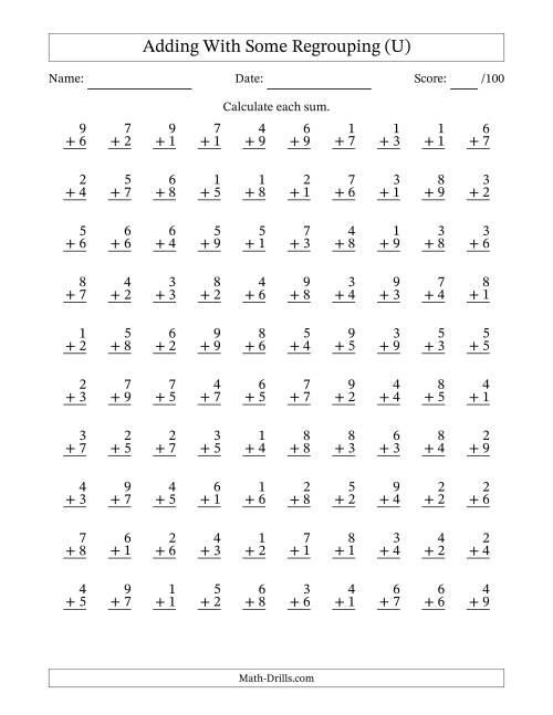 The 100 Single-Digit Addition Questions With Some Regrouping (U) Math Worksheet