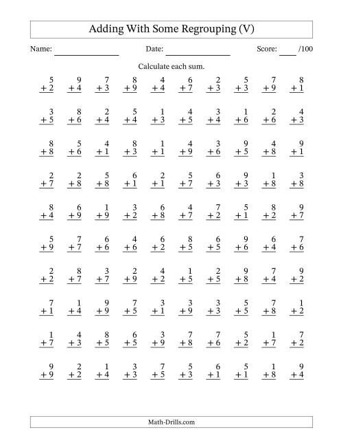 The 100 Single-Digit Addition Questions With Some Regrouping (V) Math Worksheet