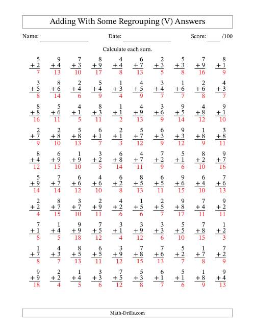 The 100 Single-Digit Addition Questions With Some Regrouping (V) Math Worksheet Page 2