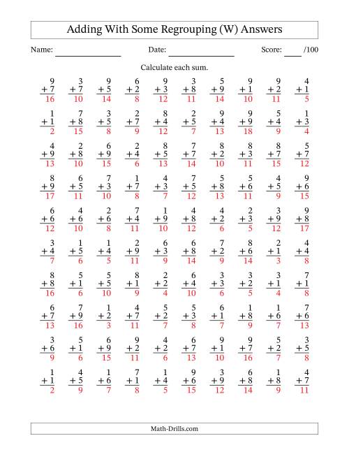 The 100 Single-Digit Addition Questions With Some Regrouping (W) Math Worksheet Page 2