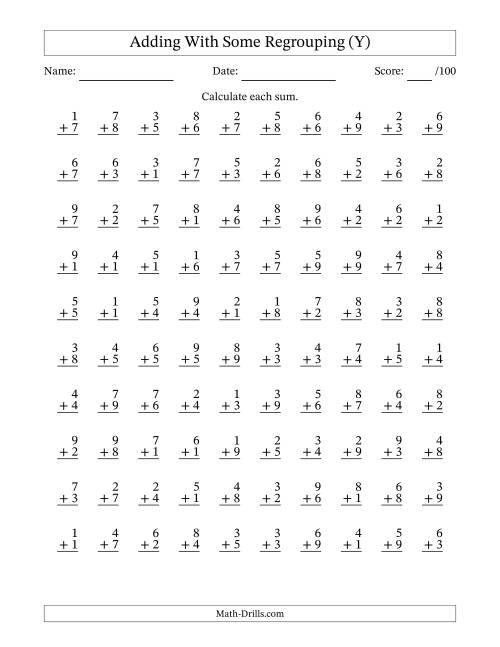 The 100 Single-Digit Addition Questions With Some Regrouping (Y) Math Worksheet