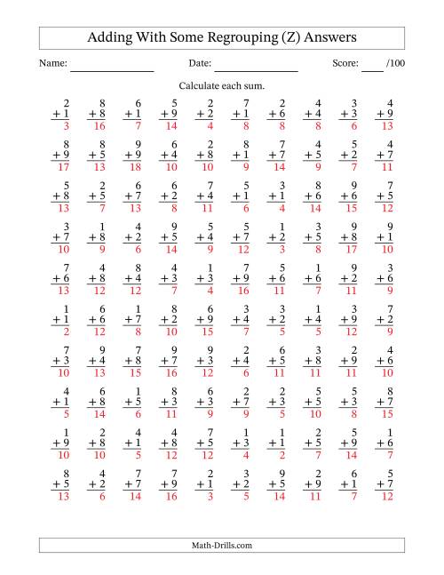 The 100 Single-Digit Addition Questions With Some Regrouping (Z) Math Worksheet Page 2