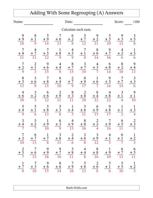 The 100 Single-Digit Addition Questions With Some Regrouping (All) Math Worksheet Page 2