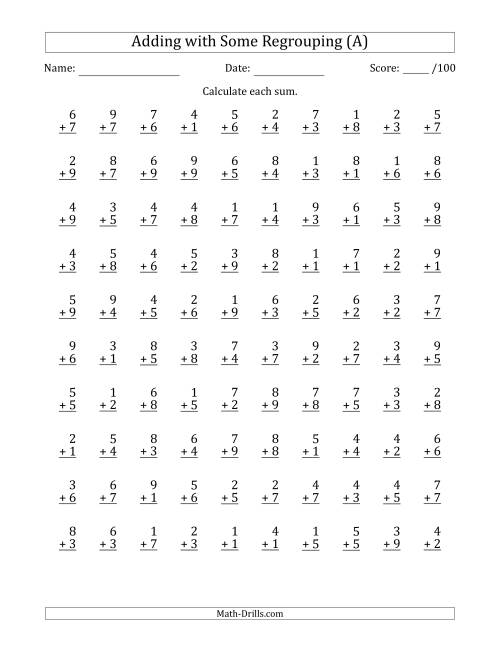 The 100 Single-Digit Addition Questions with Some Regrouping (Old) Math Worksheet