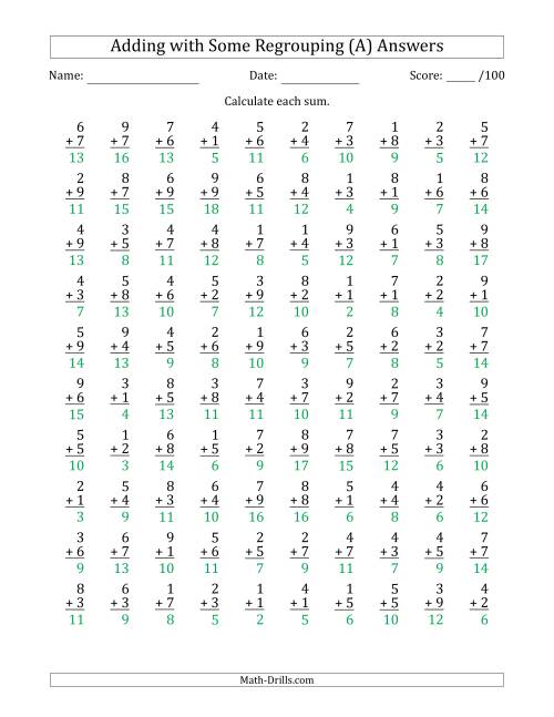 The 100 Single-Digit Addition Questions with Some Regrouping (Old) Math Worksheet Page 2