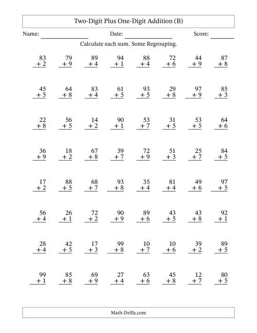 The Two-Digit Plus One-Digit Addition With Some Regrouping – 64 Questions (B) Math Worksheet