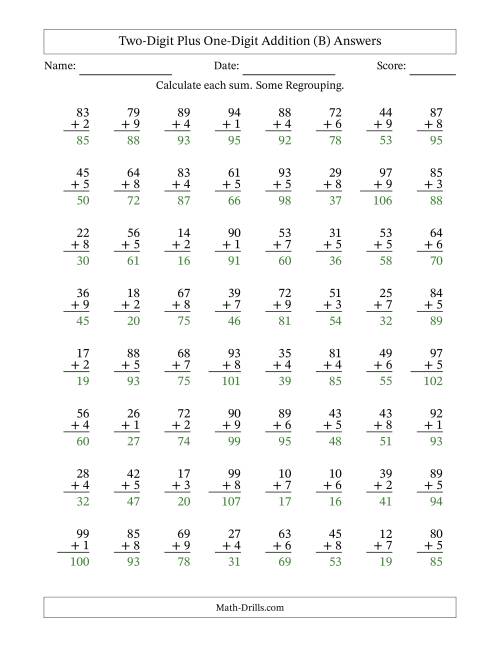 The Two-Digit Plus One-Digit Addition With Some Regrouping – 64 Questions (B) Math Worksheet Page 2