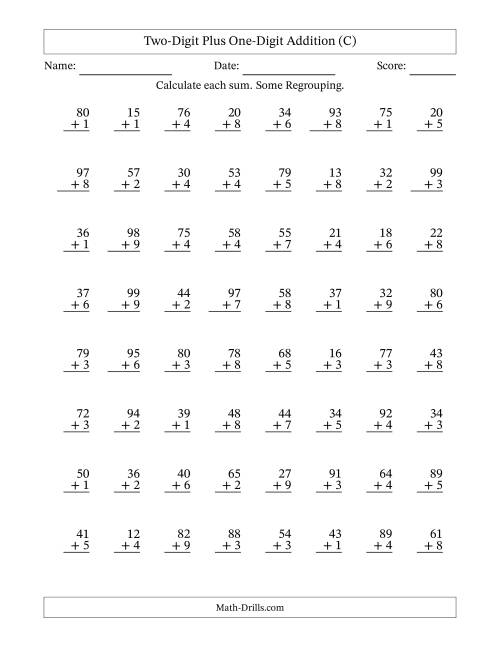 The Two-Digit Plus One-Digit Addition With Some Regrouping – 64 Questions (C) Math Worksheet